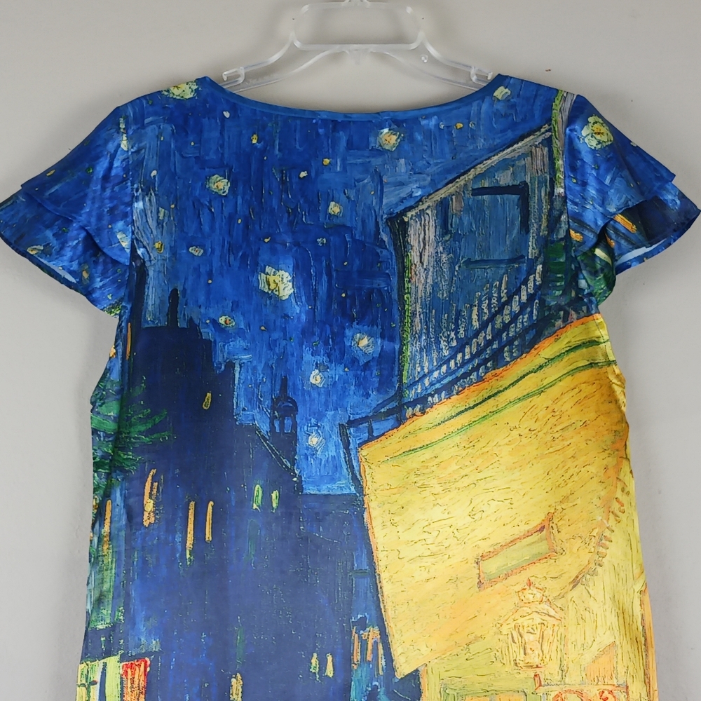GALLERIA ENTERPRISE| Artsy City Cafe Print Slip Dress Lightweight Size Large - Picture 4 of 10